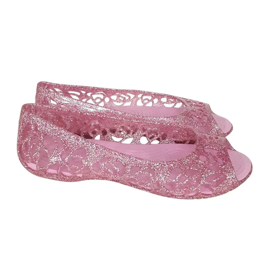 Crocs Isabella Gel Sandals Girls 1 Peep Toe Jelly Ballet Flats Pink Glitter Shoe